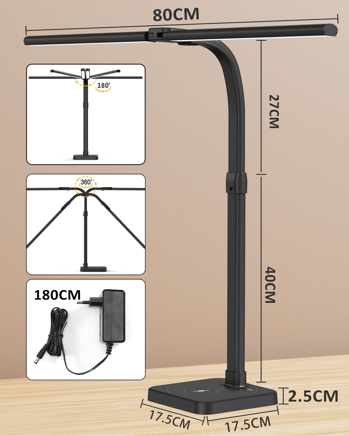 tantu desk lamp LED dimmable, 24W 80CM double head desk lamp, 5 color 5 brightness levels office lamp swan neck, desk lamp with base (black)