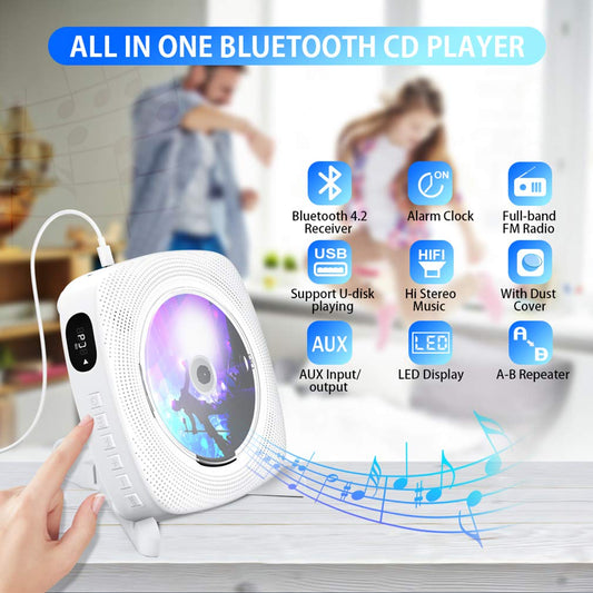 Portable CD player with Bluetooth, Gueray Wall Mountable CD Player Built-in HiFi Speakers with LCD Screen, Home Audio Boombox FM Radio USB MP3 Music Player (White)