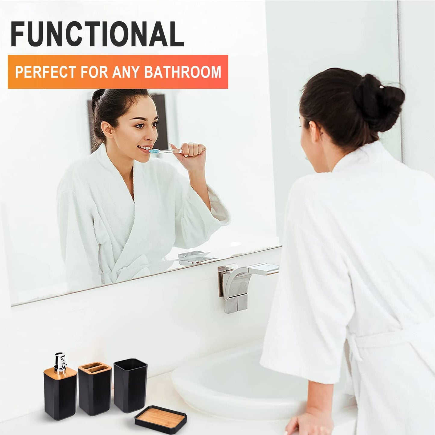 Serlium 7-Piece Bathroom Accessory Set, Bamboo ABS Toothbrush Cup Set, Soap Dispenser Set with Lotion Pump, Trash Can, Toothbrush Holder, Toilet Brush, and Soap Dish for Home Hotel