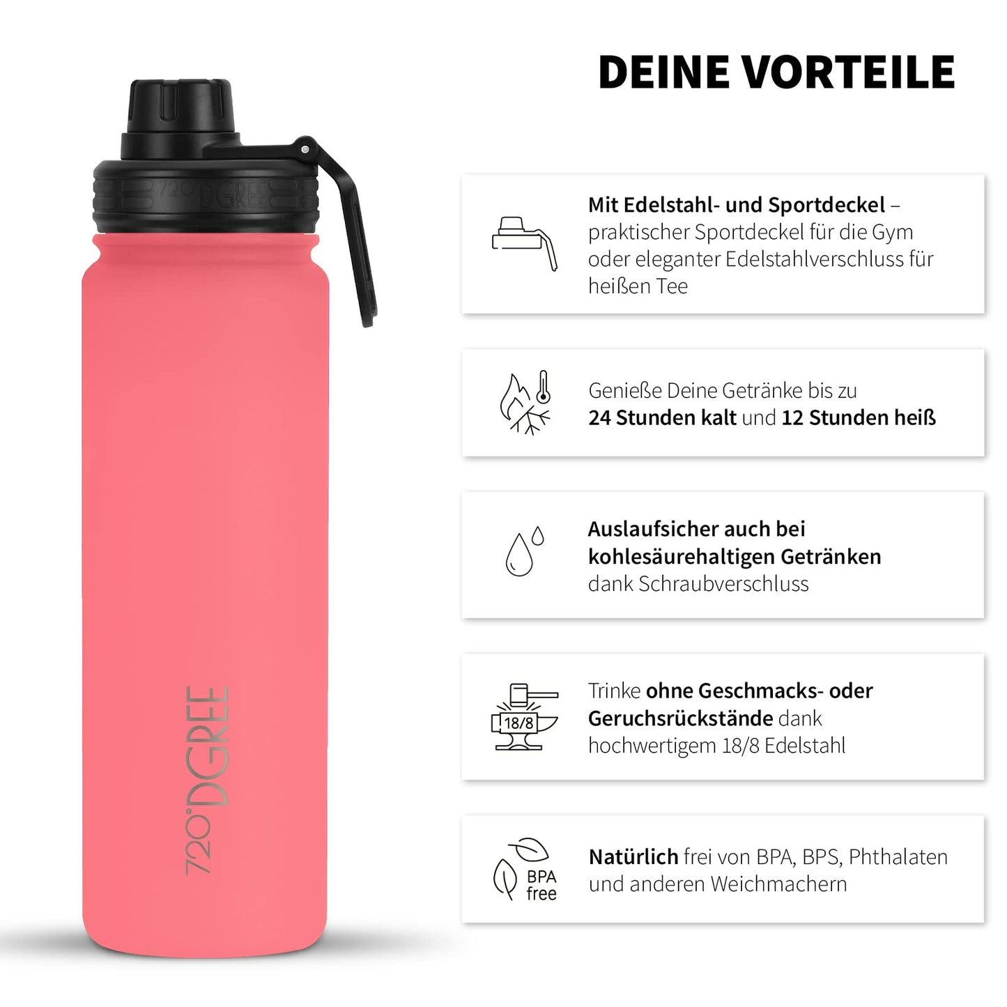 720°DGREE Stainless Steel Bottle 950ml "noLimit" - Leakproof, Carbonation Suitable, BPA-Free - Thermos Bottle, Insulated Bottle with Screw Cap for Sports, Fitness, Outdoor + Free Sports Lid