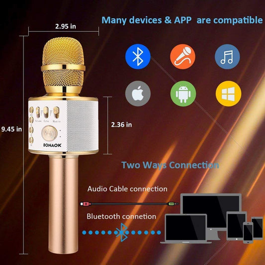 BONAOK Wireless Bluetooth Karaoke Microphone, Portable 3 in 1 Karaoke Handheld Mic Birthday Gift Home Party Auto Karaoke Mic for iPhone/Android/iPad/PC/Smartphone (Light Gold)