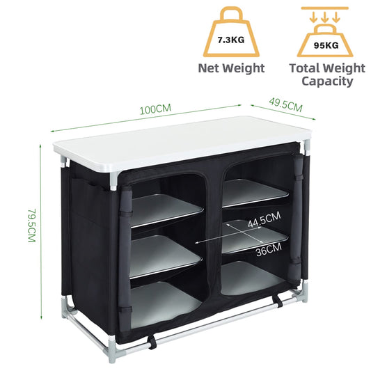 Warmiehomy Camping Kitchen Cabinet Foldable, Portable Camping Cabinet with Aluminum Frame & 1 Double Compartment, Mobile Outdoor Camping Kitchen Table for Picnic, Travel, Beach, Black, 100×50×80 cm