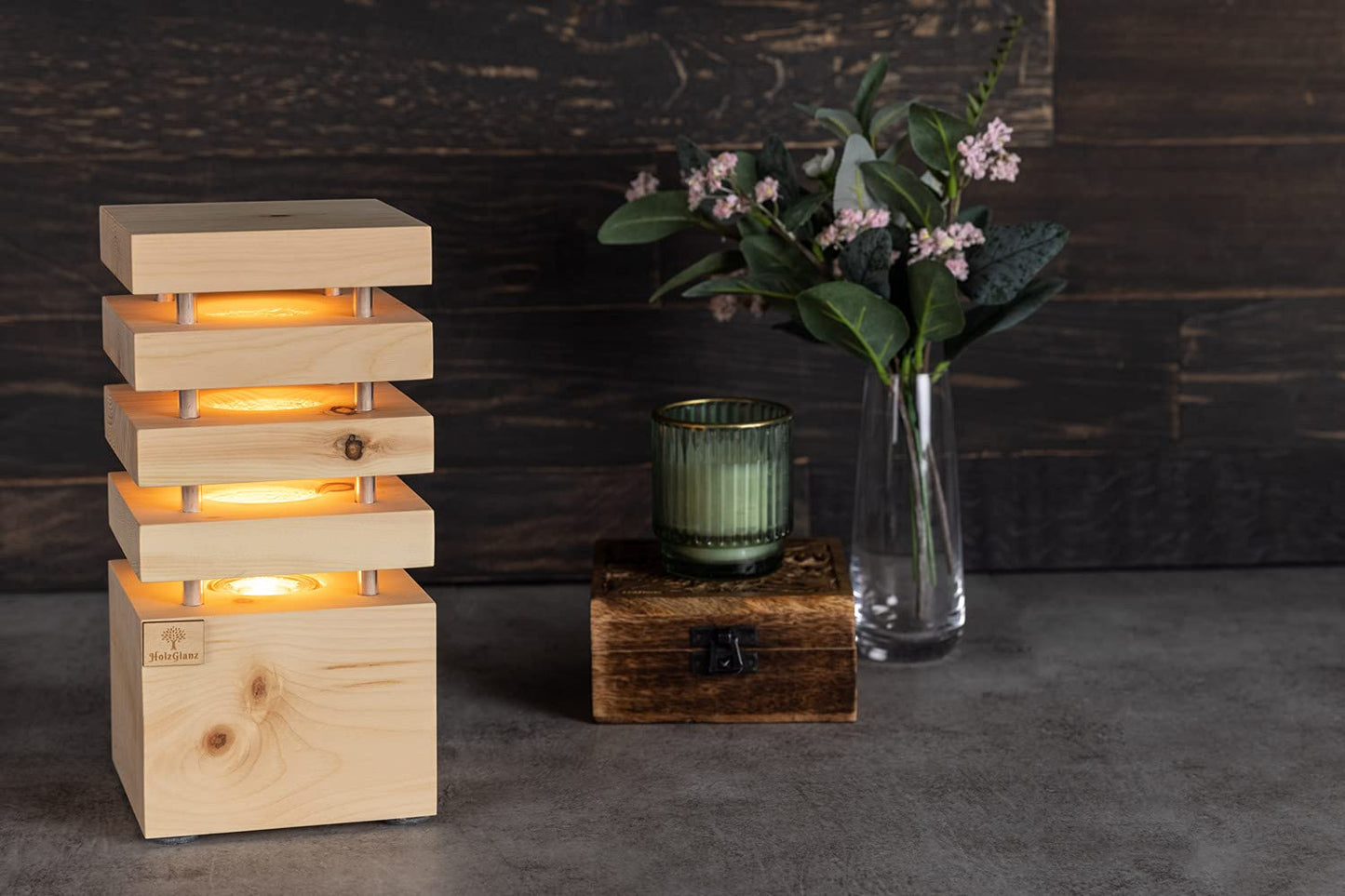 LED lamp 12.5 x 12.5 x 26 cm - Wooden bedroom lamp - Handcrafted in Austria