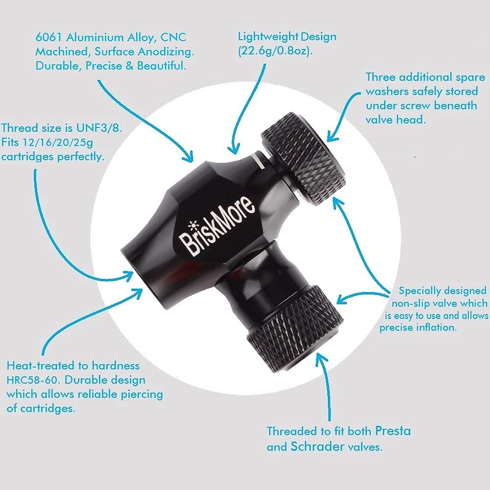 BriskMore CO2 inflator kit with 5 x 16g CO2 cartridges for bike tires, Presta and Schrader valve compatible, bike tire pump for mountain and road bikes, includes insulating sleeve.