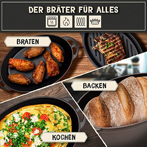 FLAVEMOTION cast iron pot with lid as a grill pan, 30cm, oval, 6.5kg, bread baking, stew pot - roaster & grill pan induction compatible, accessories