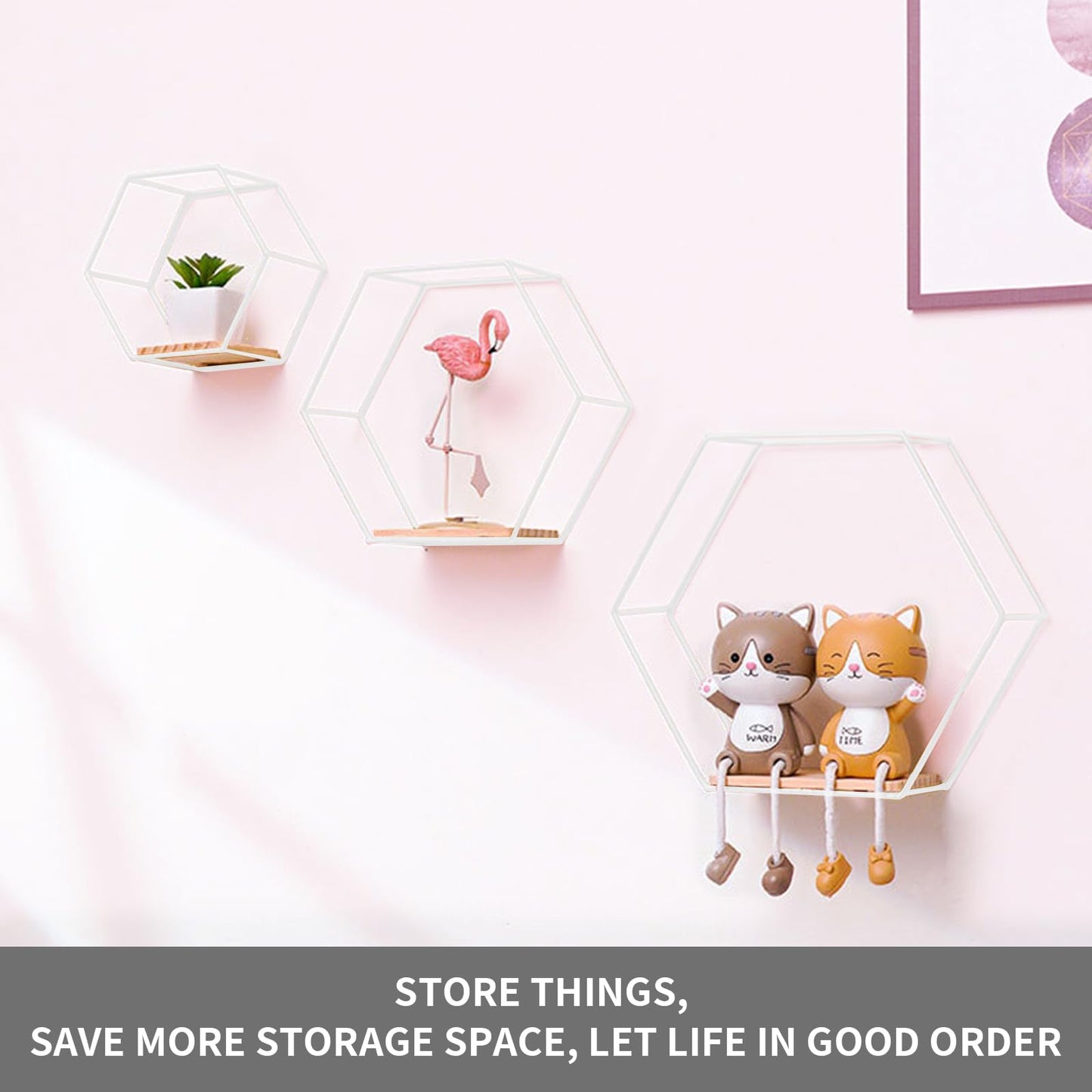Hexagon wall shelf white metal 3 piece set, shelf wall decor hanging shelf loft wall shelves, wall shelf white for wall decor in living room, bedroom, bathroom, cafe, and hotel.