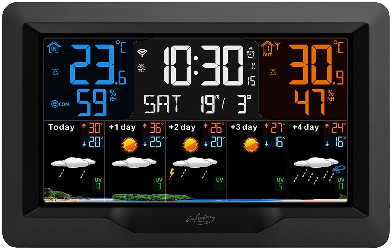 infactory WiFi Weather Station: Internet-operated wireless weather station with UV index and weather trend, outdoor sensor, and app (WiFi enabled with forecast, outdoor sensors).