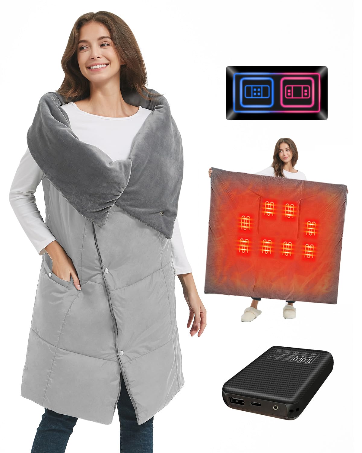 Wireless heated blanket with 7.4V battery for men and women, FERNIDA electric heating pad portable heated scarf for home, office, travel, hiking, Gray