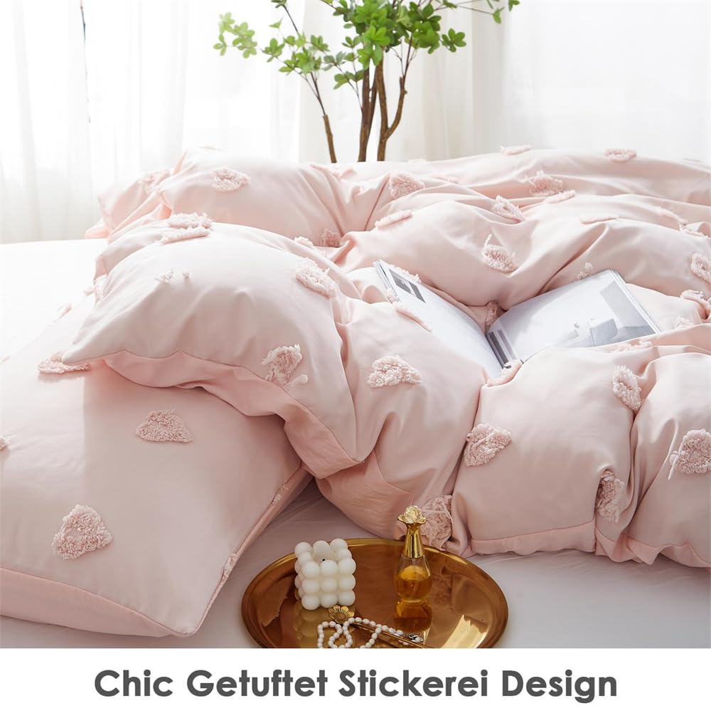 Freyamy Bohemian bedding set 135x200cm 2-piece Pink Tufted Heart Boho bedding Embroidery Shabby Chic bedding sets Microfiber Soft duvet cover with zipper and pillowcase 80x80cm