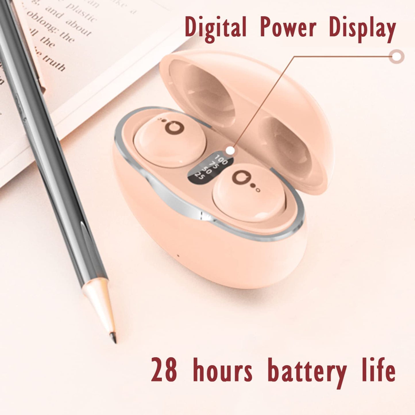 Mini Bluetooth earphones wireless in-ear earbuds, smallest invisible wireless headsets with noise cancelling for sleeping, small ears, kids, side sleepers, sports. Comes with charging case for iPhone, Android in white.