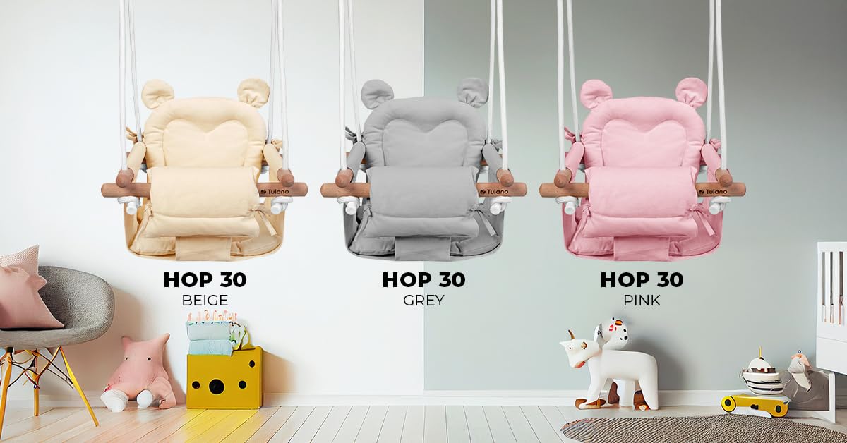 Tulano Hop 30 Gray | Baby Swing Hanging Seat for Children 6-36 Months | Indoor & Outdoor | Safety Belt & Cushion | Wood & Cotton | Easy Assembly | Supports up to 60 kg