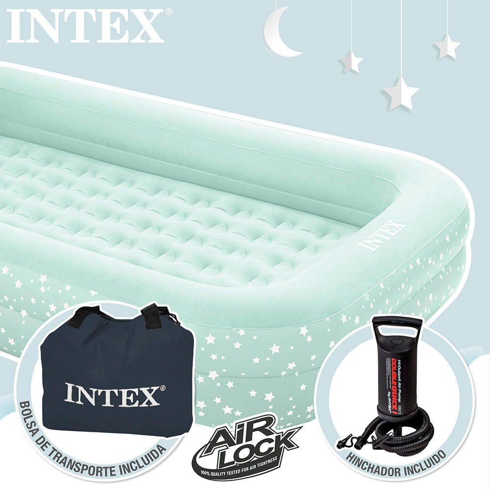 INTEX KidzTravel air mattress for children aged 3-6 years (71×132×10 cm) - Inflatable kids travel bed with built-in bumpers, including air pump. Mint green with star design.