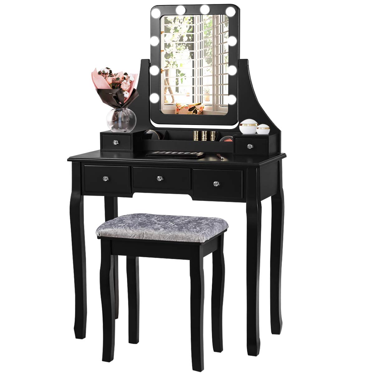 GOPLUS Vanity Table with Mirror and 10 LED Bulbs, Makeup Table with 5 Drawers and Organizer, Wooden Dressing Table, for Bedroom (Black)