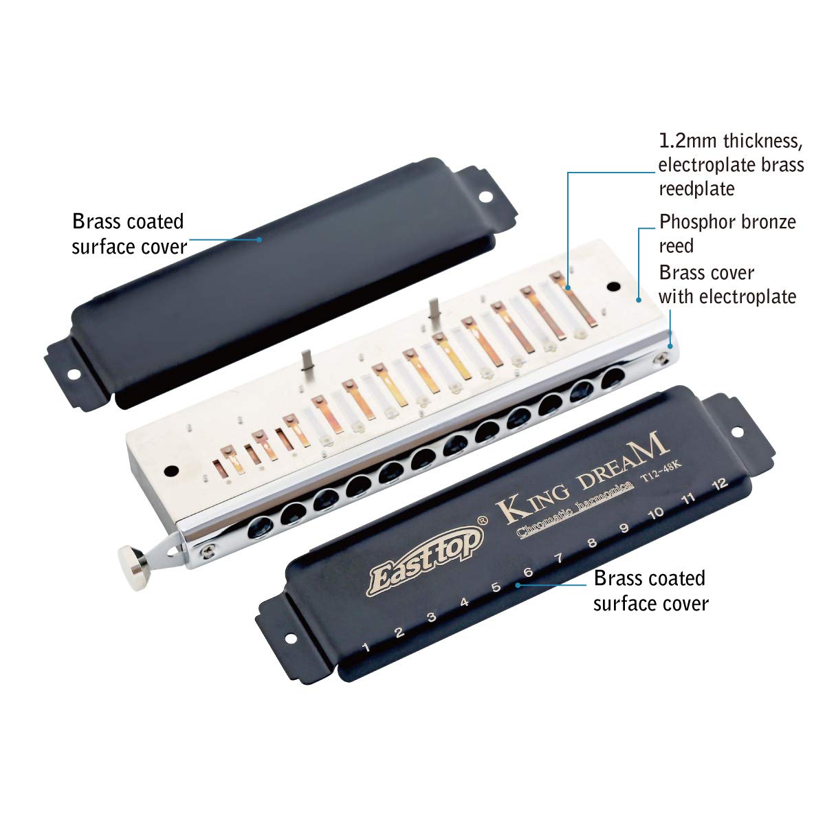East Top 12-hole Chromatic Harmonica in C, with 48 notes. Ideal for professional players, beginners, students, and adults. Makes the perfect gift.