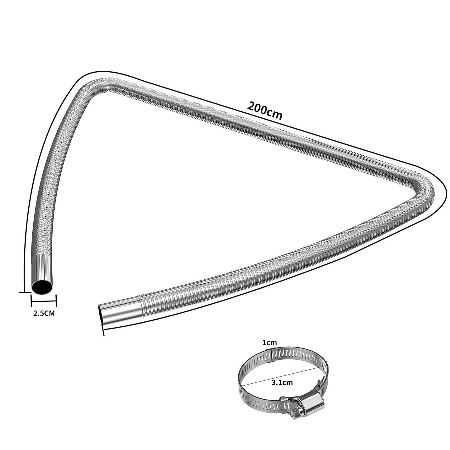Exhaust pipe for generators, Cakapapo 200CM car stainless steel exhaust pipe and muffler, with two stainless steel clamps for diesel heaters (200CM)