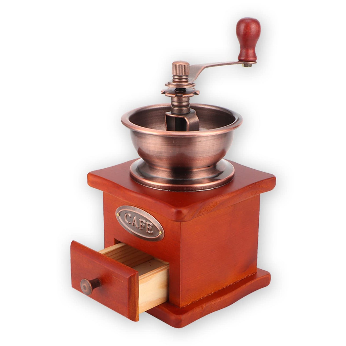 Manual coffee grinder, wooden hand mill with hand crank, coffee bean grinder, brown retro coffee grinder for drip coffee, French press.