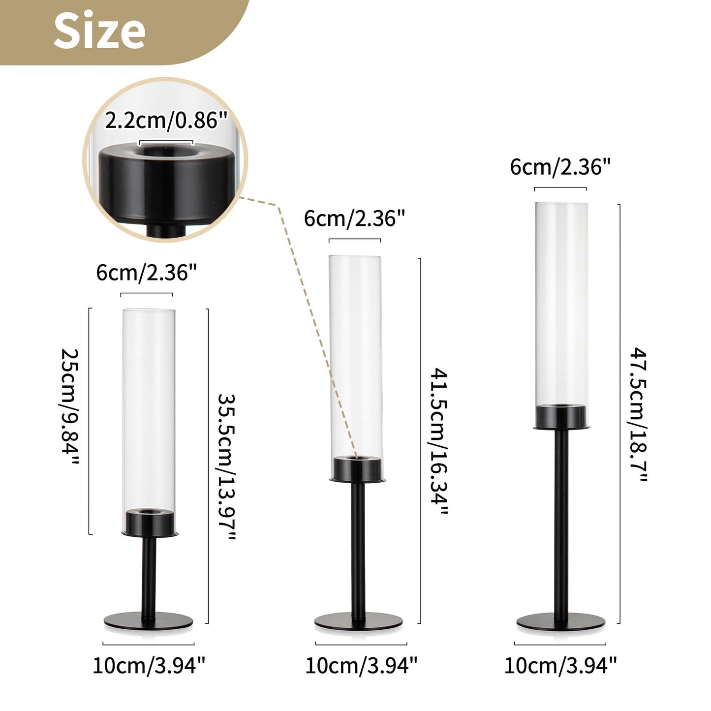 Nuptio Glass Cylinder Candle Holder Metal Black - 18 pieces Cone Candle Stand Taper Candle Pack for Candles, Clear Glass Hurricane Shade Top Candle Modern Wedding Christmas Table Dinner
