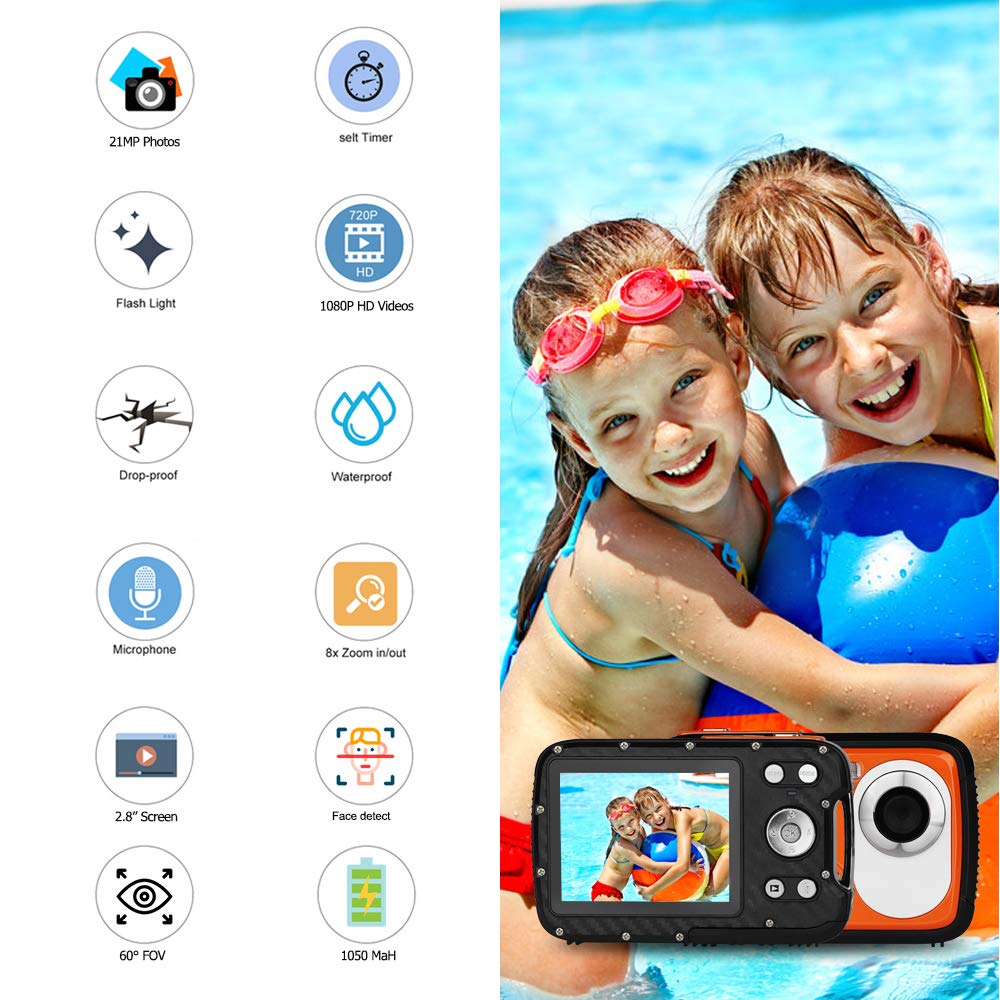 BYbrutek Kids Digital Camera, 21MP FHD 1080P, Waterproof up to 5m, 2.8-inch LCD, 8x Digital Zoom, Orange