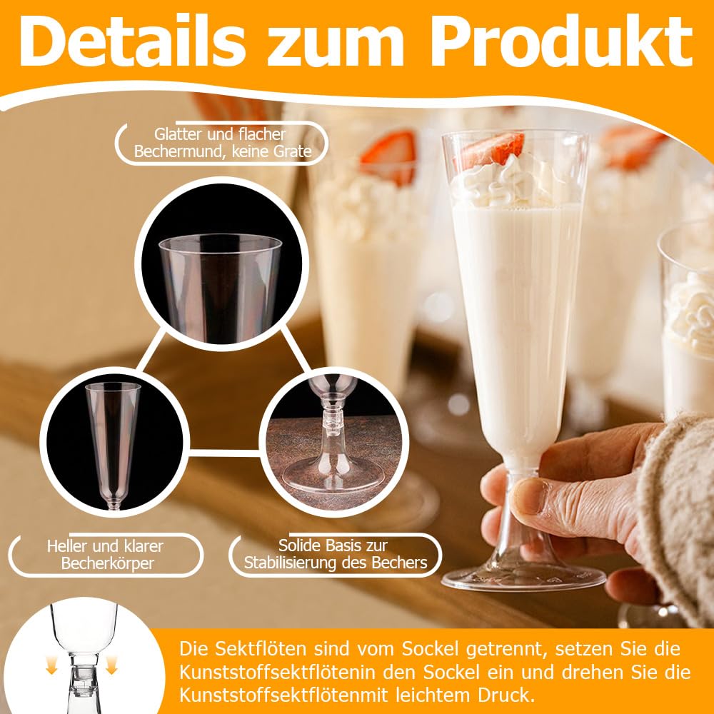 Plastic champagne flute glasses, set of 50. 150ml capacity, reusable. Great for weddings, birthdays, picnics, and parties. Size: 16 x 5.5 cm. Transparent.