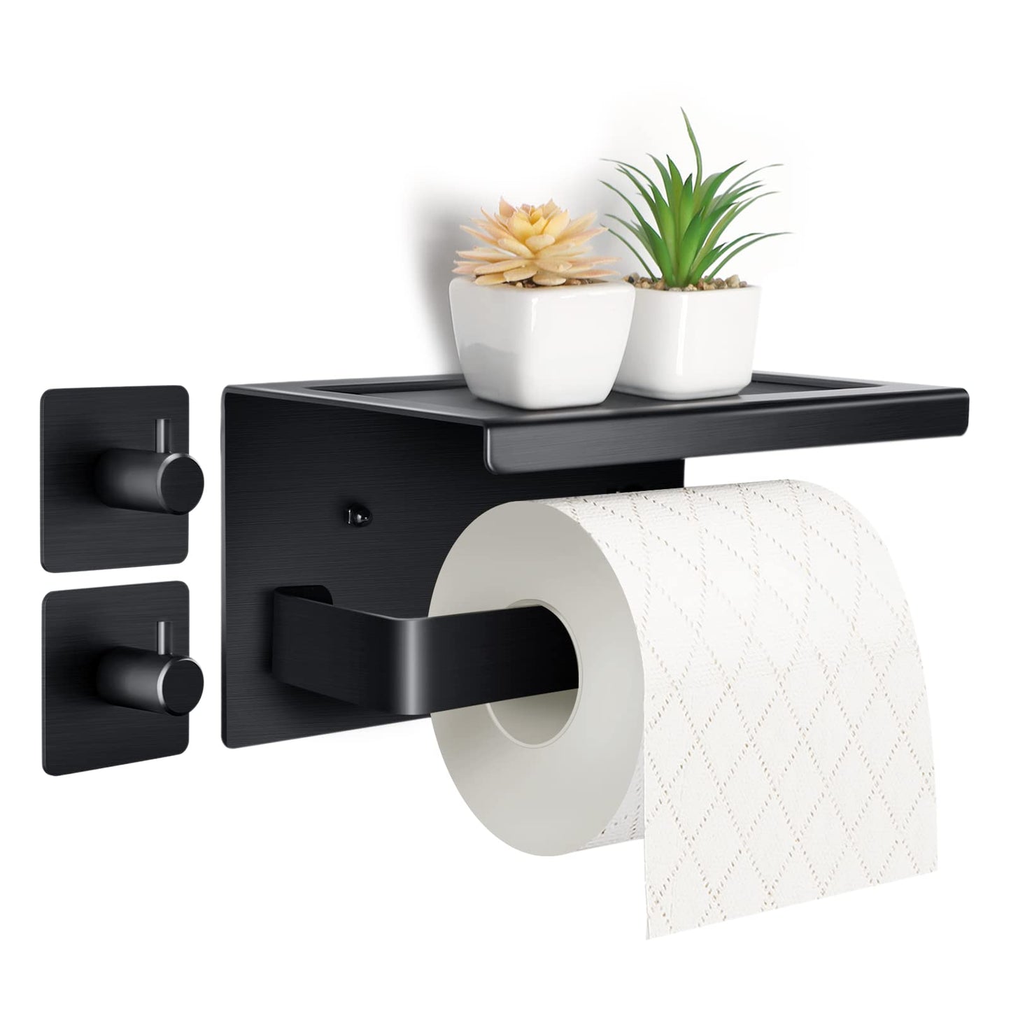 Acmetop toilet paper holder without drilling, aluminum TP holder with 17 cm shelf. Self-adhesive toilet paper holder with 2 adhesive hooks for wall mounting. Toilet roll holder for kitchen and bathroom in black.