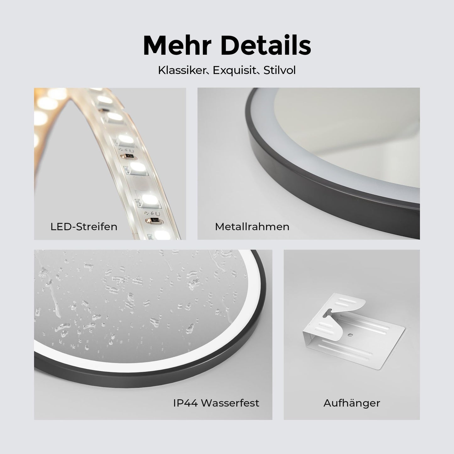 Illuminated bathroom mirror from Heilmetz, 50cm in diameter. LED light with 6500K cool white color, dimmable with touch switch. Round mirror with black frame and removable strap.