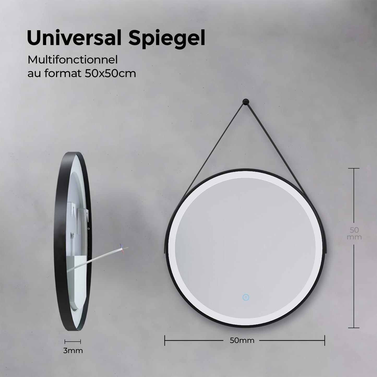 Illuminated bathroom mirror from Heilmetz, 50cm in diameter. LED light with 6500K cool white color, dimmable with touch switch. Round mirror with black frame and removable strap.
