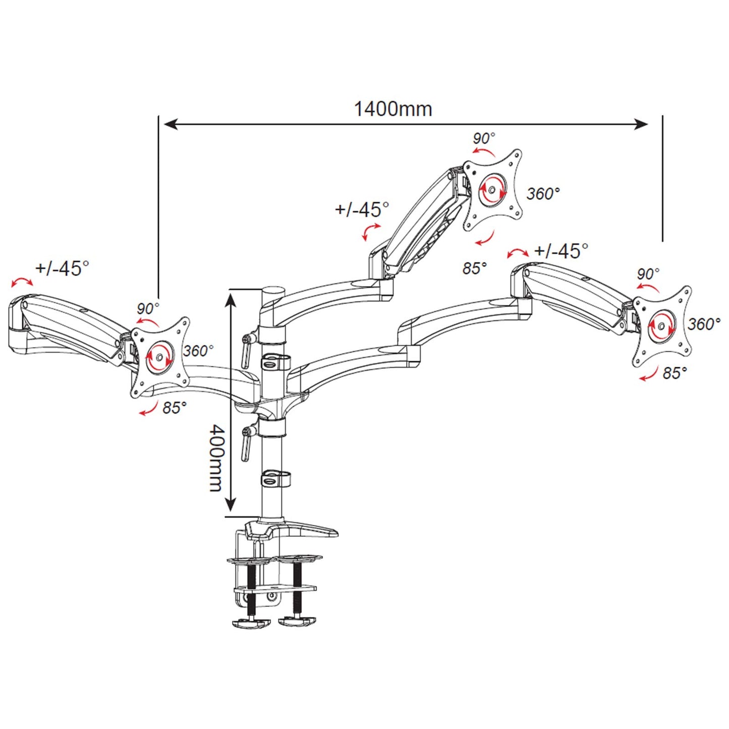 HFTEK - Monitor arm - triple bracket table mount for 3 screens from 15-27 inches with VESA 75/100 - FY138DW