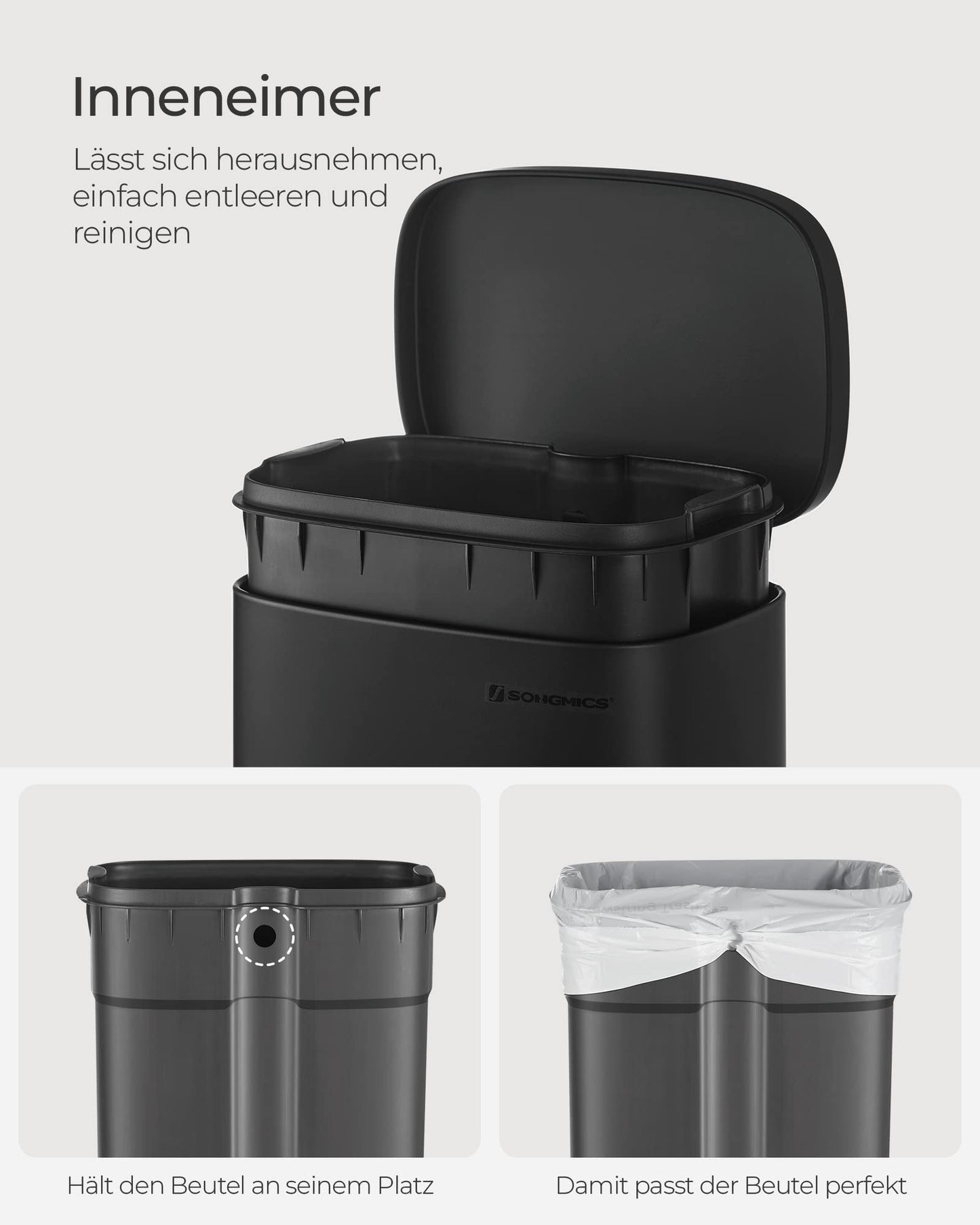 SONGMICS Kitchen Trash Can, 30 Liter, Garbage Bin, Step Trash Can, Kitchen Trash Can with Soft Close Lid and Inner Bin, Pedal Bin, Steel, black LTB03BK