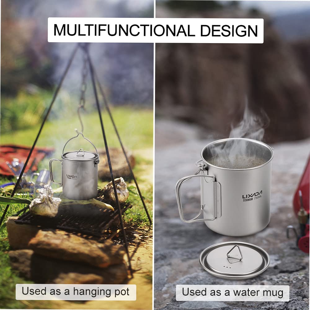 Lixada Ultralight Titanium Pot 750 ml Camping Frying Pan, foldable handle with lid for outdoor portable camping picnic water cup.