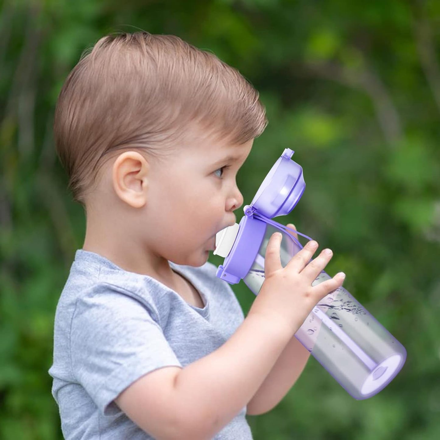 Air-water bottle, BPA-free, 650 ml, fruit-scented, water bottle with 5 flavors, leak-proof, sports water cup with straw, violet.
