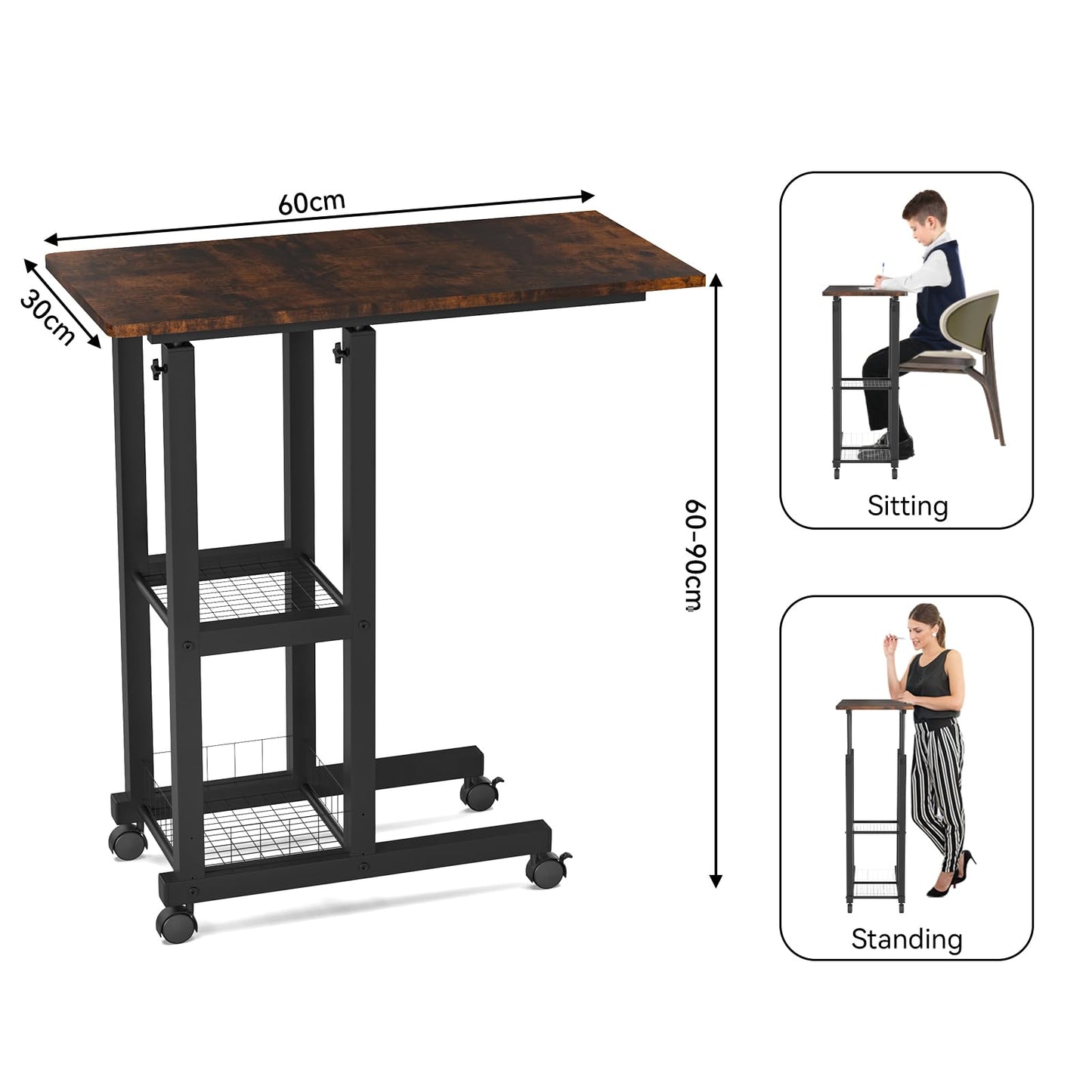 PIPIPOXER Side Table with Wheels, 60x30 cm Coffee Table with Wheels, Adjustable Height 69-90 cm Laptop Desk, Laptop Table with 360-degree Rotating Wheels for Living Room, Wood.