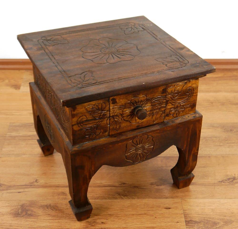 livasia Opium table with drawer - 40x40x40cm - Hand-carved wooden side table from Bali, adds Asian charm as a wooden table to your home (Brown)
