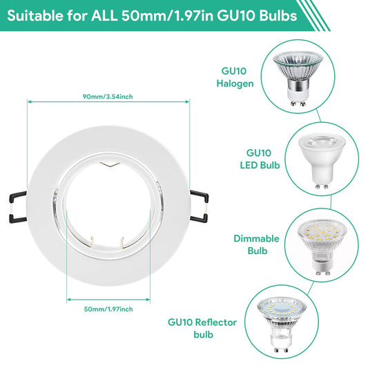10x recessed spotlight GU10 set with white mounting frame for 230V spots, including GU10 socket, LED with 68mm hole diameter round, 30° tiltable integrated spotlight frame for LED or halogen bulbs.