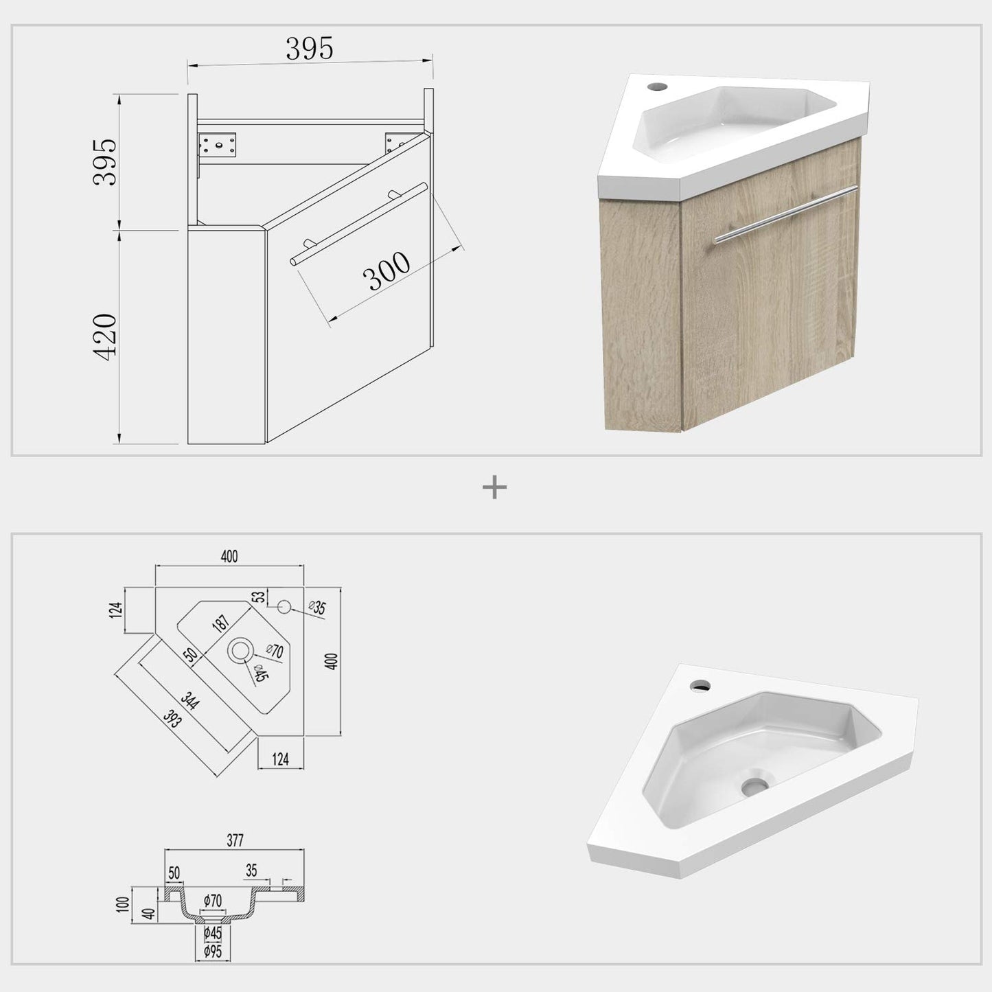 Aica bathroom corner washbasin 40 cm pre-assembled corner cabinet Washbasin with base cabinet Small washbasin furniture Oak