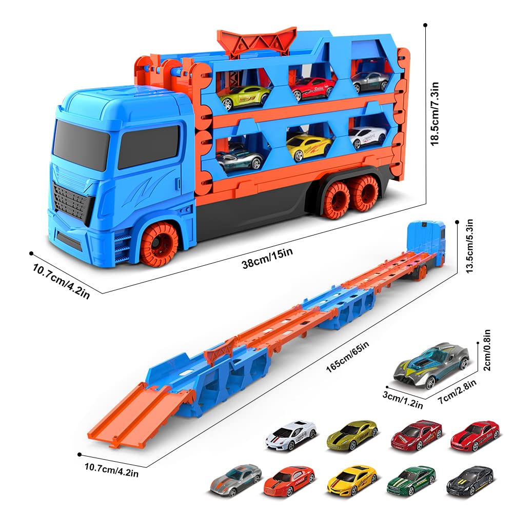 VATOS Transport Truck toy cars for boys aged 3, 4, 5, 6 years old, portable race track truck toy car with 6 race cars, transporter vehicle toy set for kids.