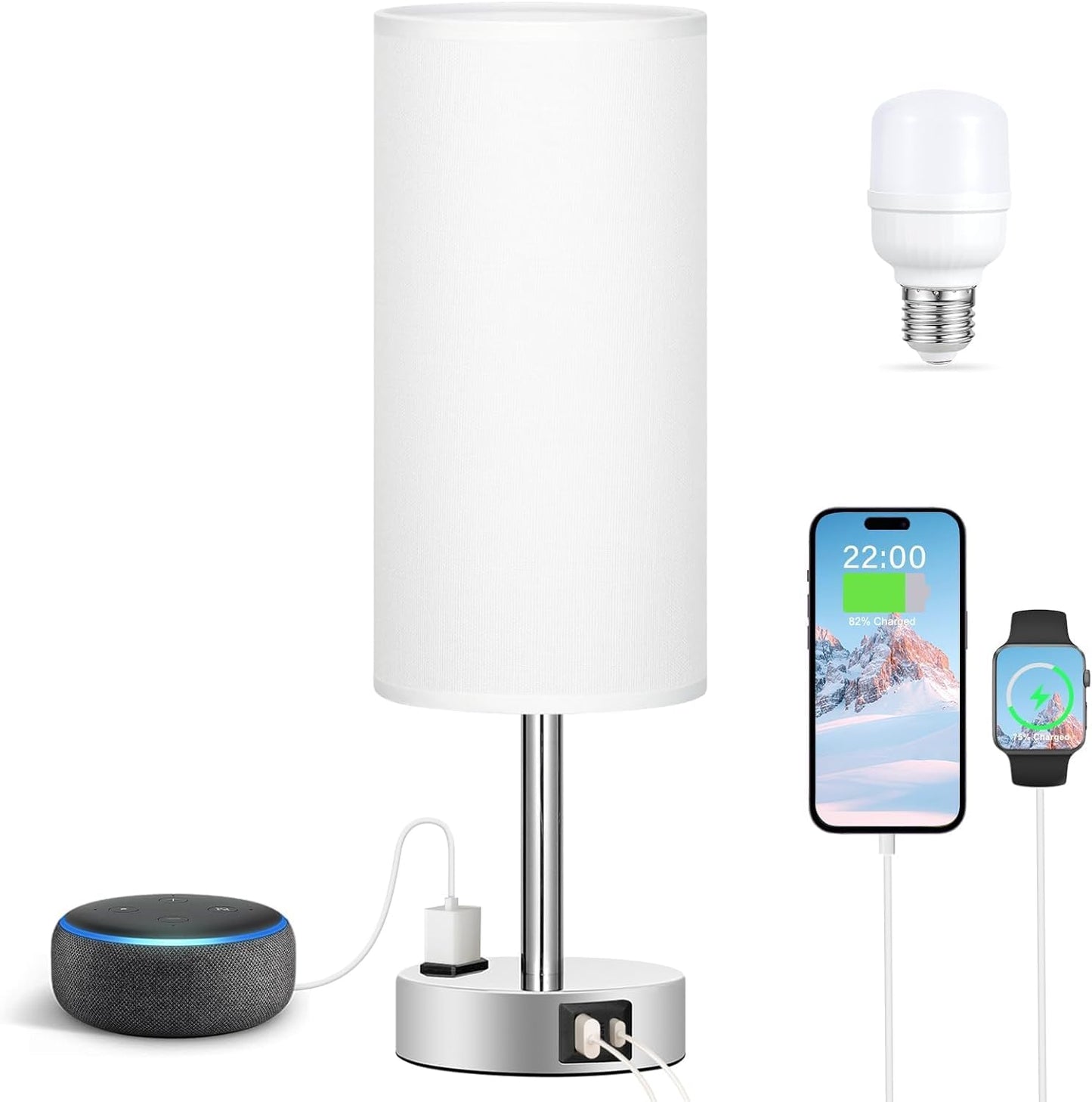 Kakanuo bedside lamp with touch dimming, table lamp with USB A+C+socket charging function, lampshade made of linen fabric, lamp for bedside living room bedroom children's room office (includes bulb)