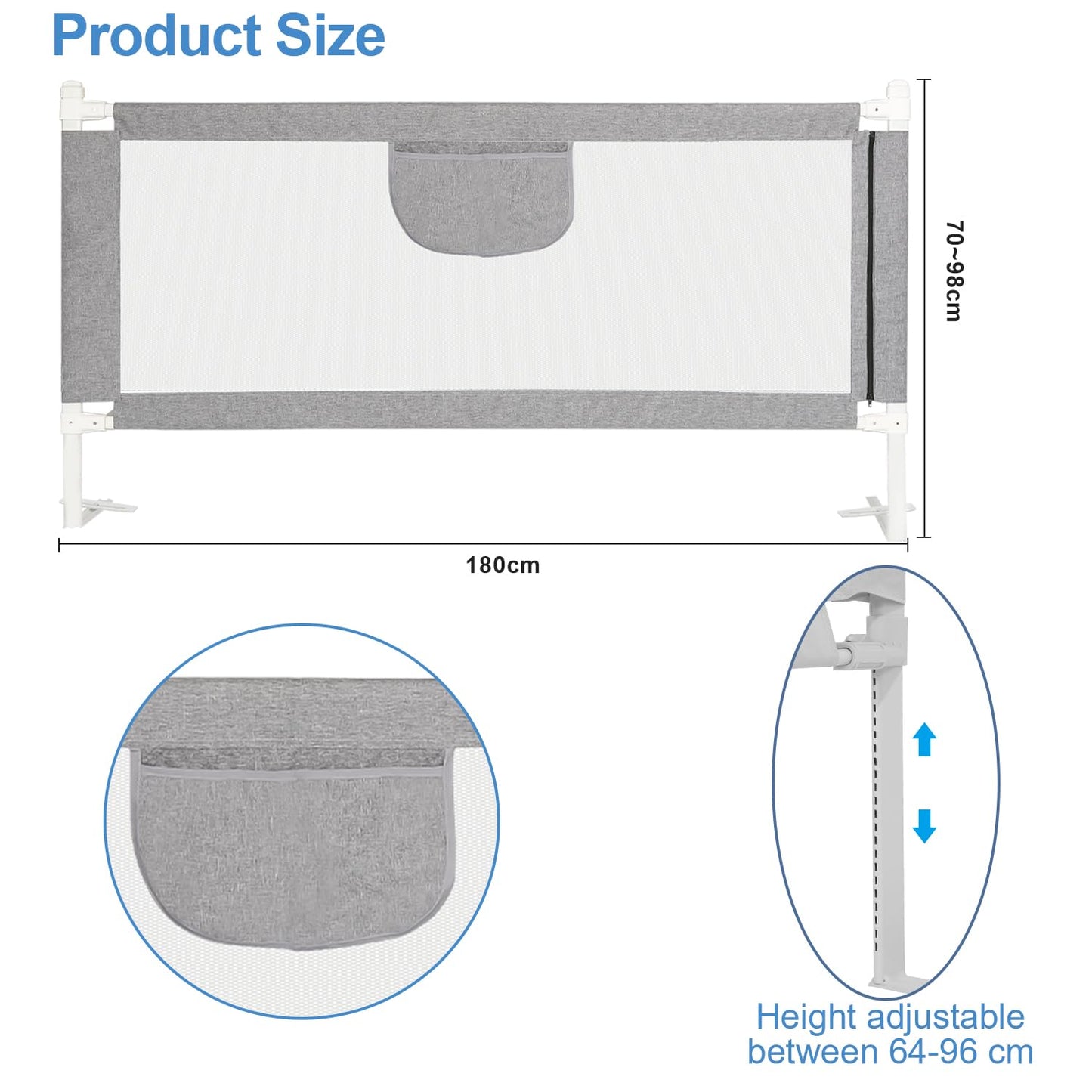Jopassy Bed Rail 180cm Bed Guard for Kids, Bed Rail for Kids, Baby Guardrail sturdy design, airy Baby Guardrail for young children Grey