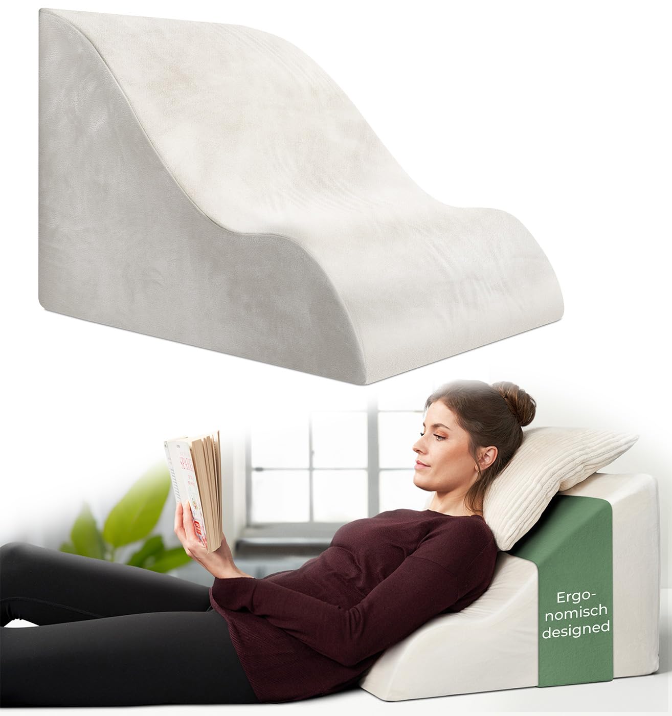Ergonomic reading pillow for bed and sofa - Comfortable backrest with memory foam - Can be used as a reflux pillow, wedge pillow for bed, bed backrest in sitting and lying positions, GRAY