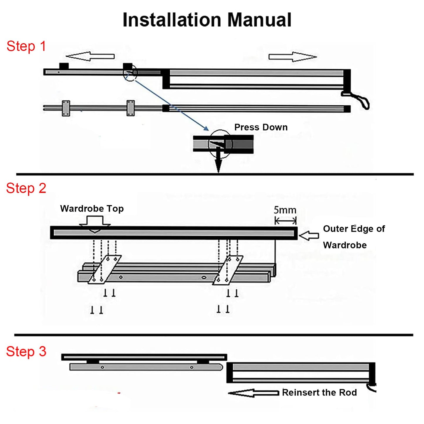 Retractable clothes rail for pulling out hangers, adjustable wardrobe telescopic pole clothes rail 292mm white