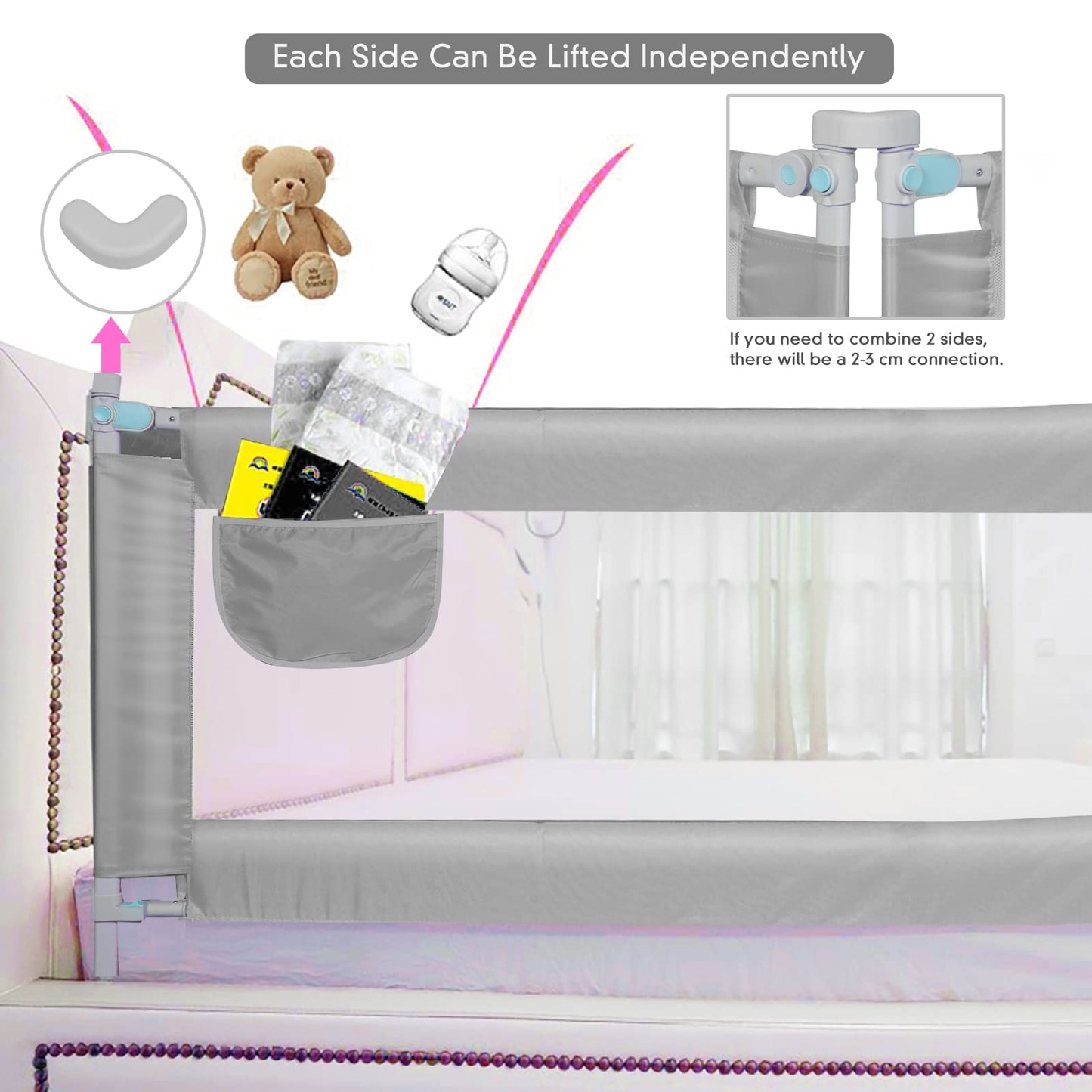 Sinbide bed rail adjustable guardrail for children's bed, baby safety, 100cm high, metal frame, 0-6 years (Gray, 100x180cm)