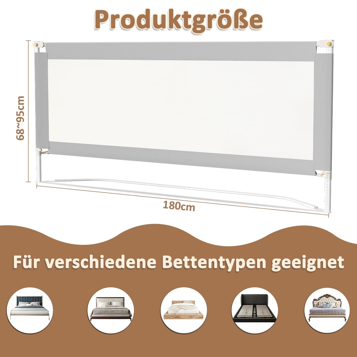 Daromigo 180 cm bed rail, foldable bed guardrail, adjustable height 68-95cm, baby bed guardrail for parents' beds and children's beds.