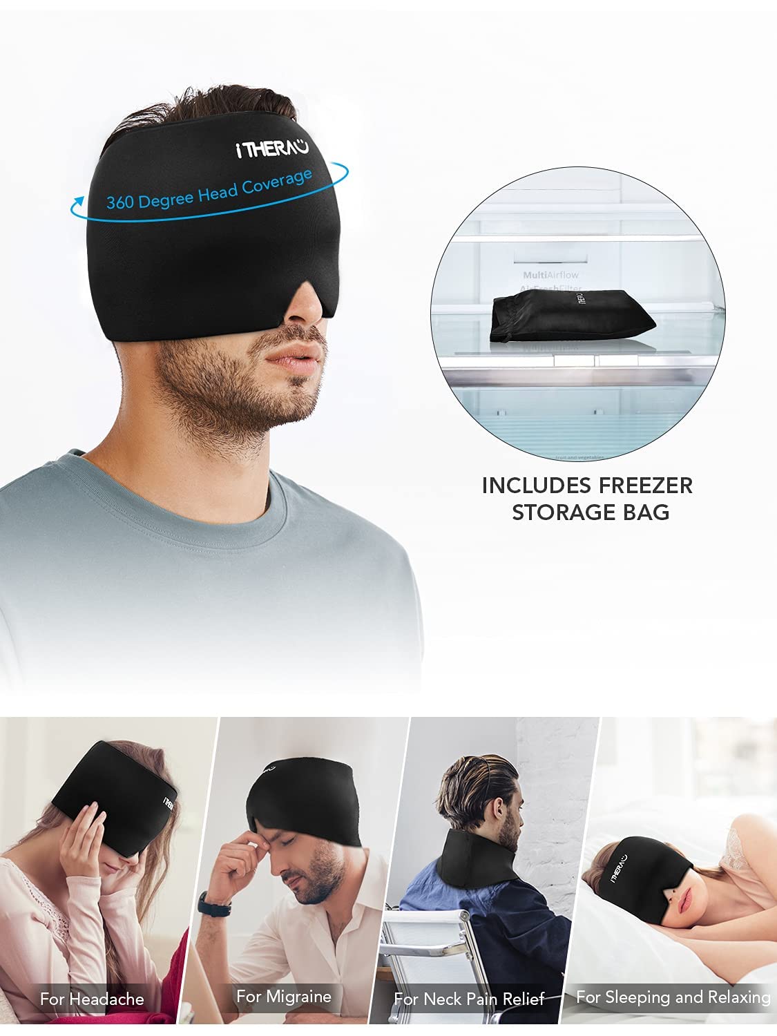 iTHERAU Migraine Mask - Migraine Hat Headache & Migraine Relief Cap Cooling Pack Cooling Sleep Mask Migraine Hood Migraine Cap