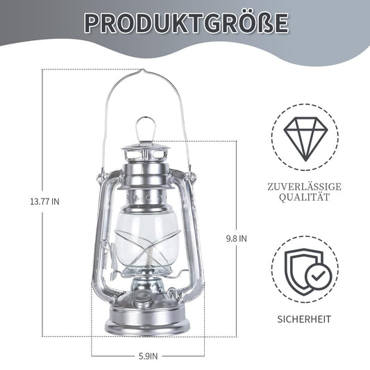 Outdoor kerosene lamp, retro storm lantern, suitable for indoor use, home, garden, camping, 25cm (silver)