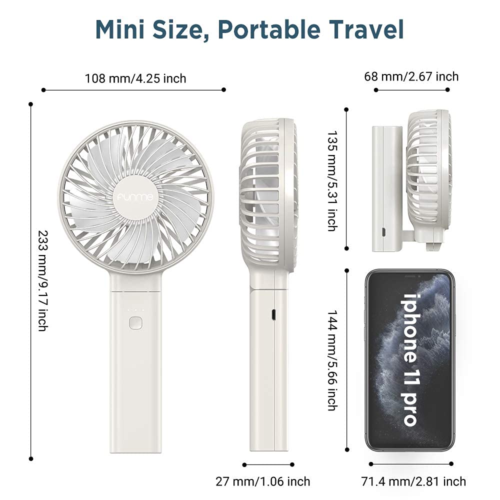 Funme handheld fan battery powerful wind small quiet fan one-touch off/washable/low power display USB fan 4 levels portable personal foldable desk fan for on-the-go