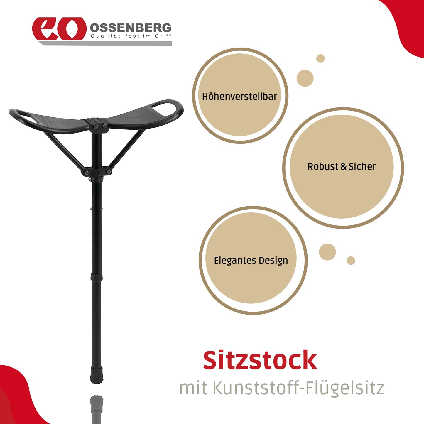 Ossenberg seat stick with plastic wing seat - walking stick with fold-out seat - height-adjustable standing stool for on the go - camping outdoor monopod chair - black