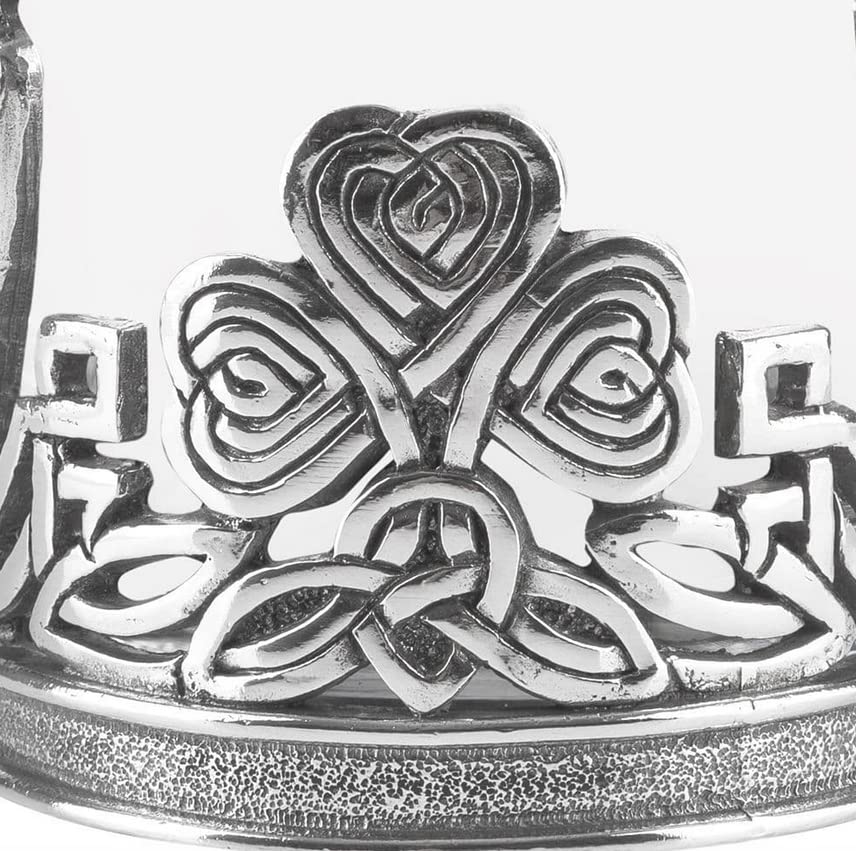 AE Williams whiskey glass with Irish Celtic shamrock and harp made of pewter.