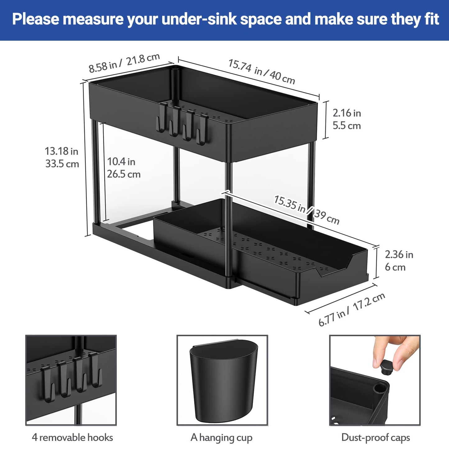 Puricon under sink shelf cabinet organizer, 2-tier countertop kitchen rack organizer, multifunctional spice rack under cabinet shelf sink rack - Black