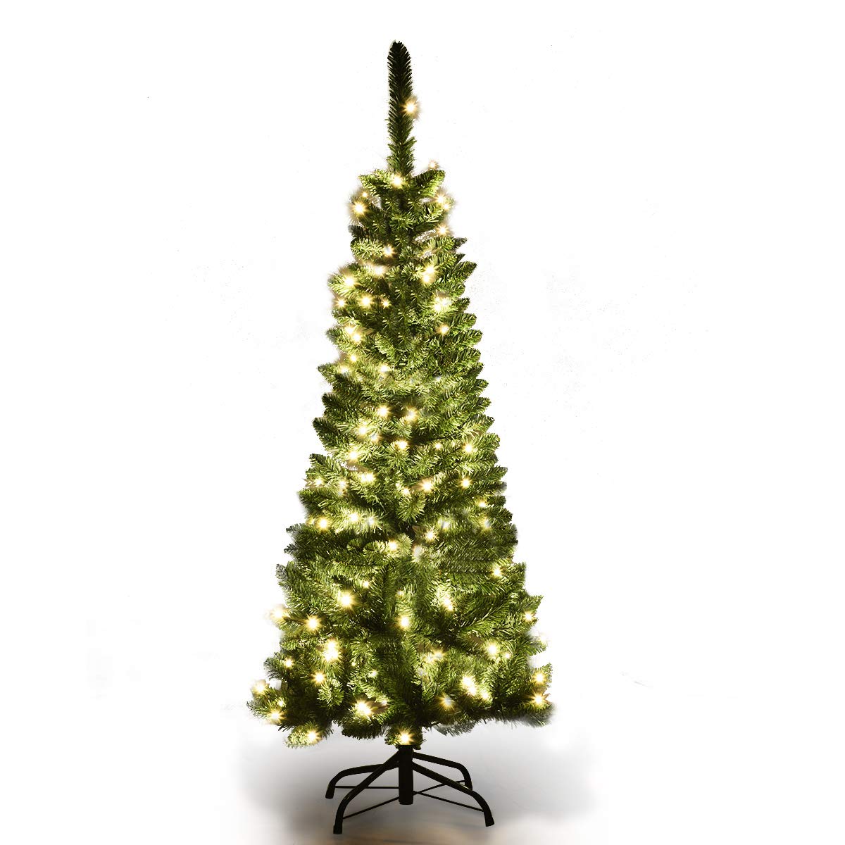 COSTWAY 135/200/225cm pencil Christmas tree with warm white LED lights, artificial fir tree with folding system and metal stand, PVC needles, green artificial Christmas tree (135cm)