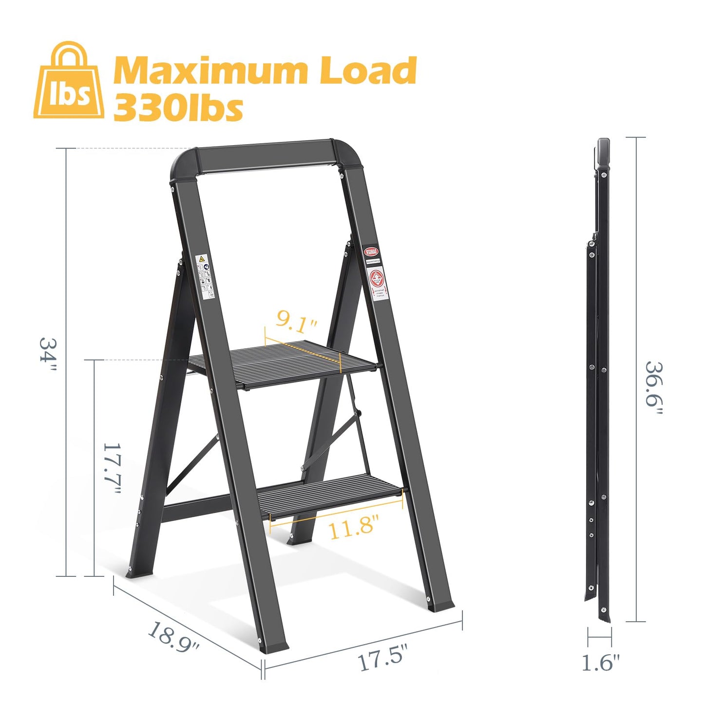KINGRACK 2-Step Aluminum Ladder, Foldable Step Ladder with Handrail, Non-Slip Household Ladder with Folding Lock, Load Capacity up to 150 kg, for Home, Office, Garden, Black