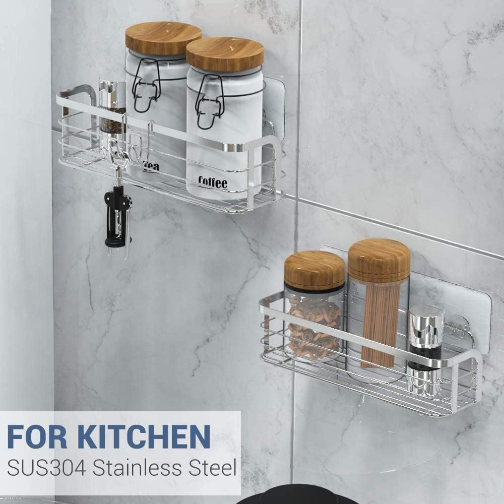 Avoalre Stainless Steel Shower Caddy without Drilling, Shower Basket with Strong Adhesive, 2 Pack Easy Shower Shelf with 1 Removable Suction Cup Hook.